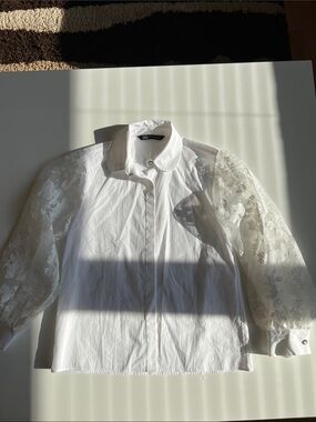 Zara White Poplin shirt with Organza flowers design Sleeves